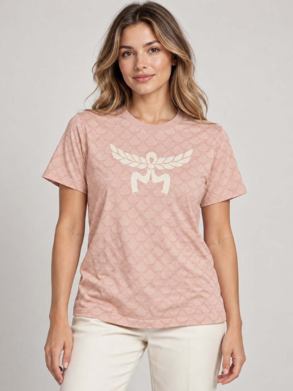 MCM Pink Tee with Brown Leather Logo Patch